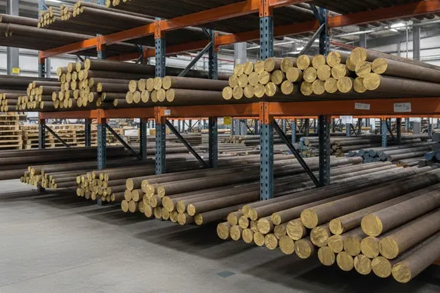 Racked bronze bar stock in an industrial storage area