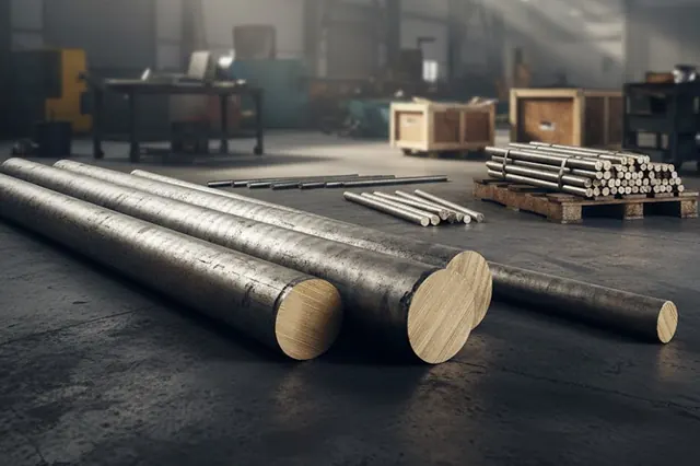 Dark-skinned bronze bars with bright cut ends on a workshop floor