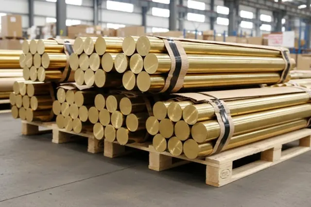 Bundles of bronze round bars on wooden pallets