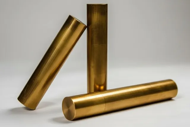 Polished bronze rods photographed against a neutral background